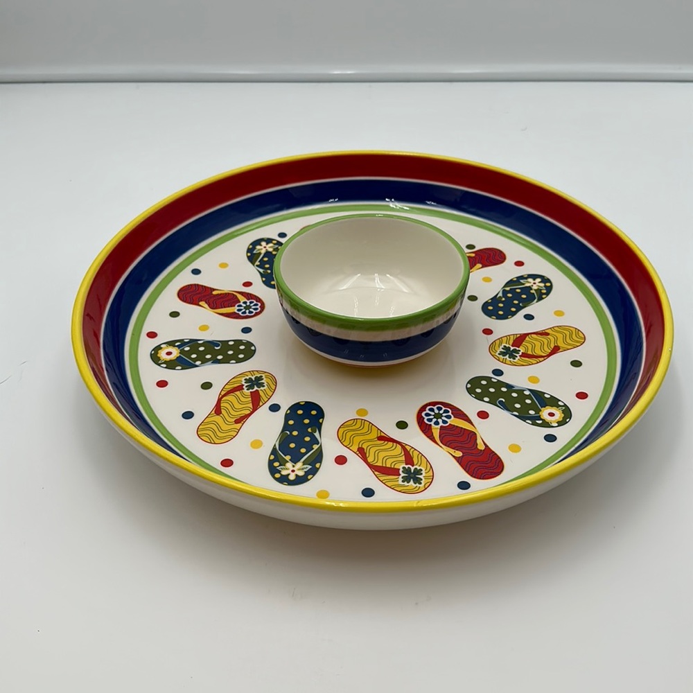 DEI Dennis East round Chip and Dip Platter with colorful flip flop painting